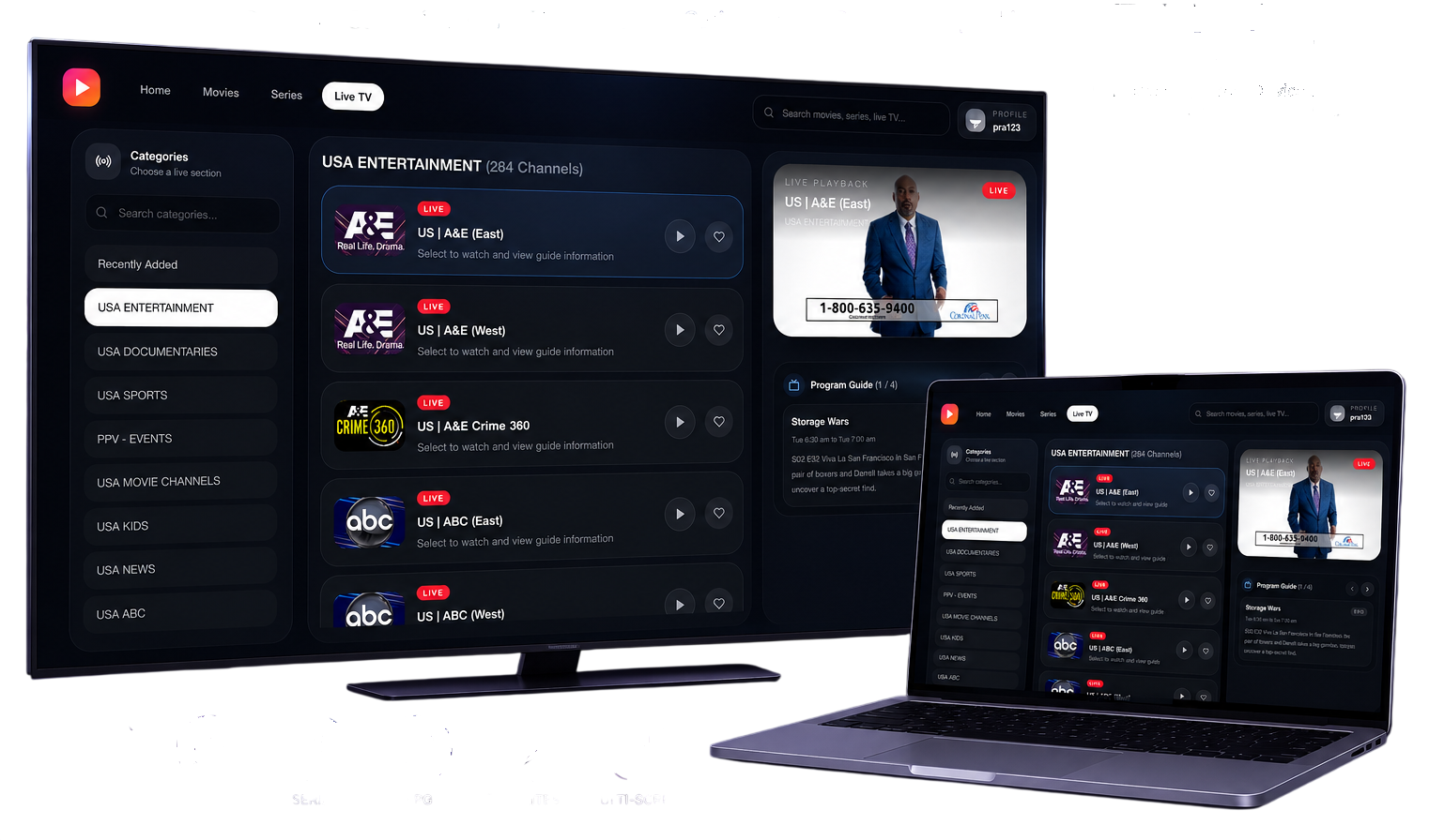 IPTV Web Player interface on TV and laptop